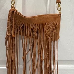Brown suede crossbody long beaded suede fringe